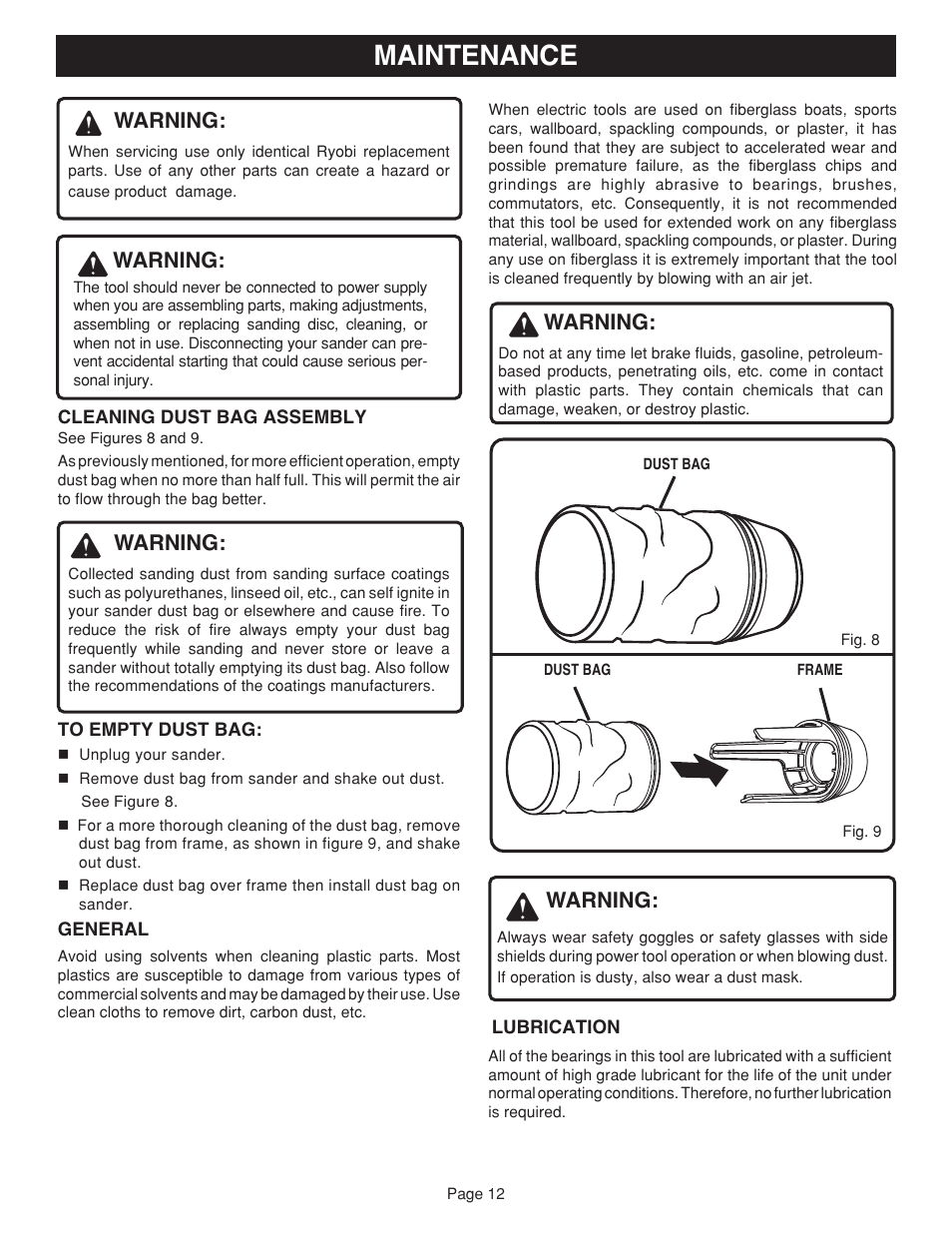Maintenance, Warning | Ryobi RS2418 User Manual | Page 12 / 14