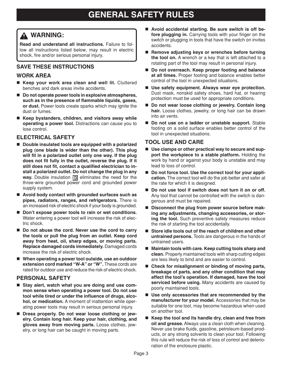 General safety rules, Warning | Ryobi RS2418 User Manual | Page 3 / 14