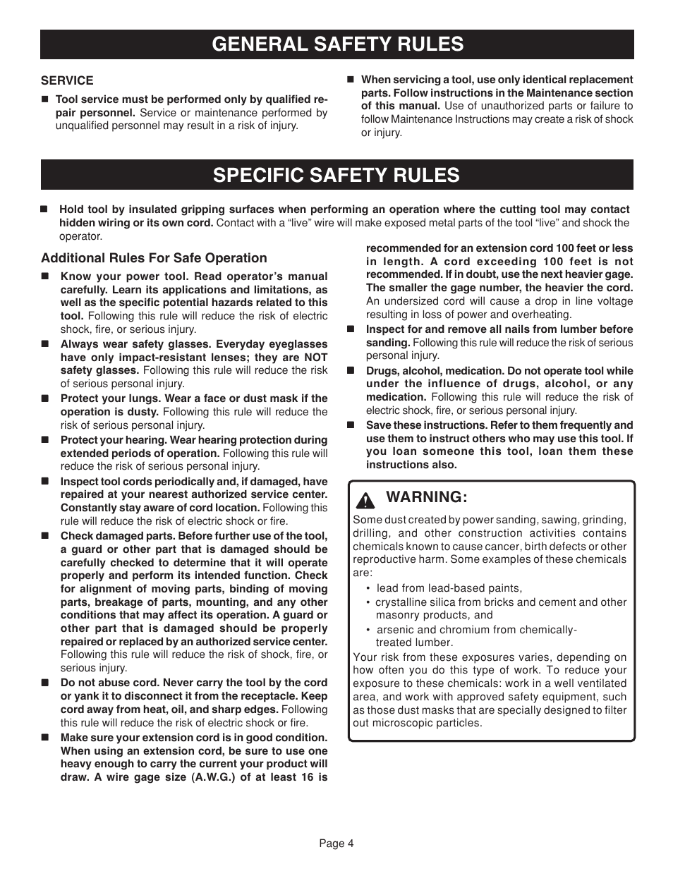 Specific safety rules, General safety rules, Warning | Ryobi RS2418 User Manual | Page 4 / 14