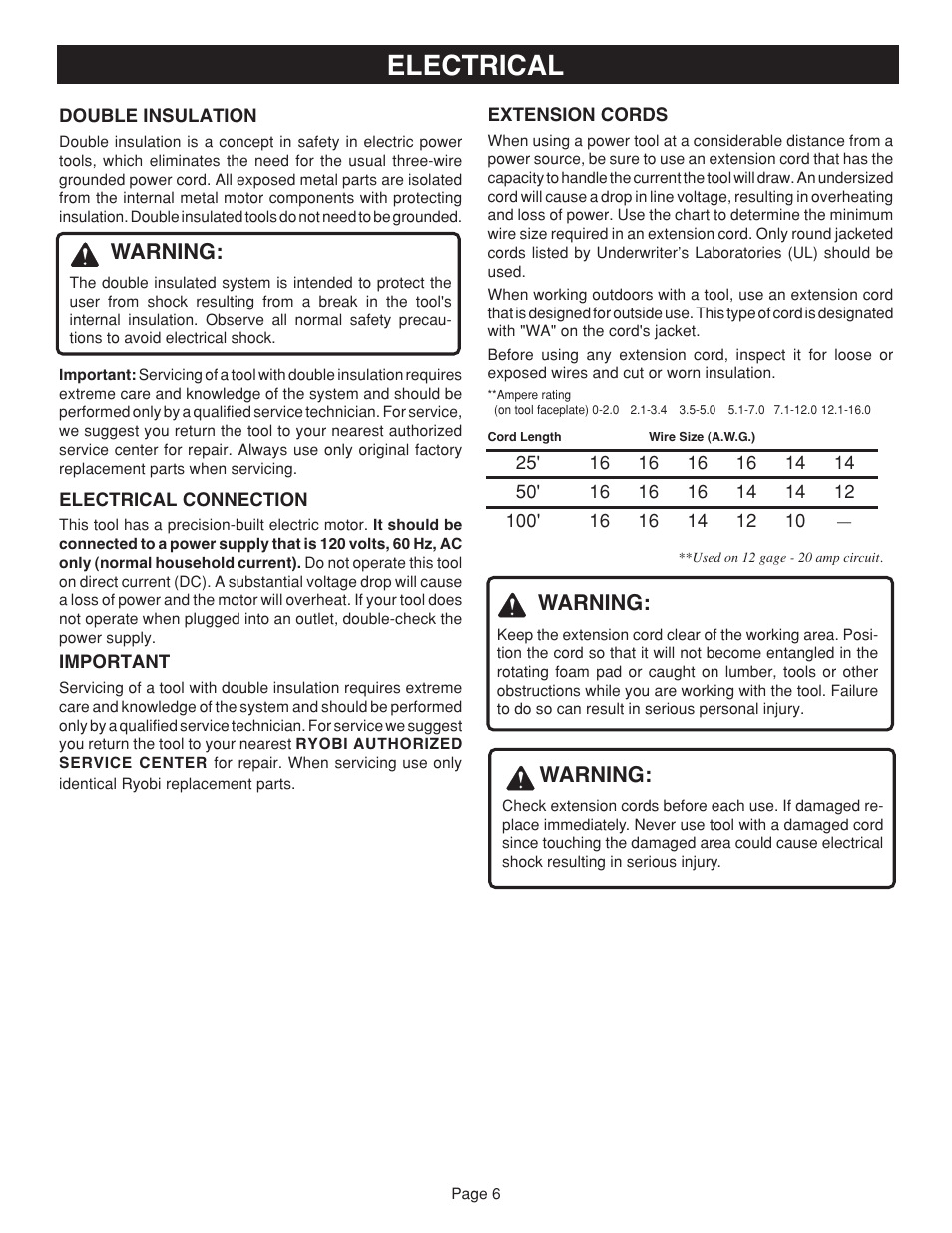 Electrical, Warning | Ryobi RS2418 User Manual | Page 6 / 14