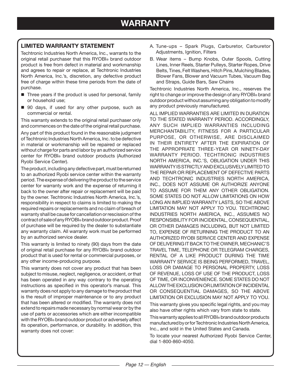 Warranty, Limited warranty statement | Ryobi RY41140 User Manual | Page 16 / 40