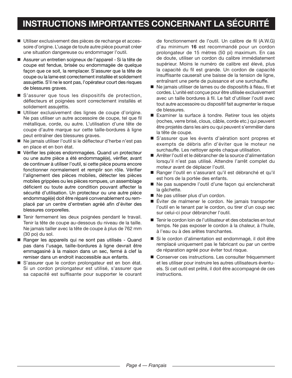 Instructions importantes concernant la sécurité | Ryobi RY41140 User Manual | Page 18 / 40