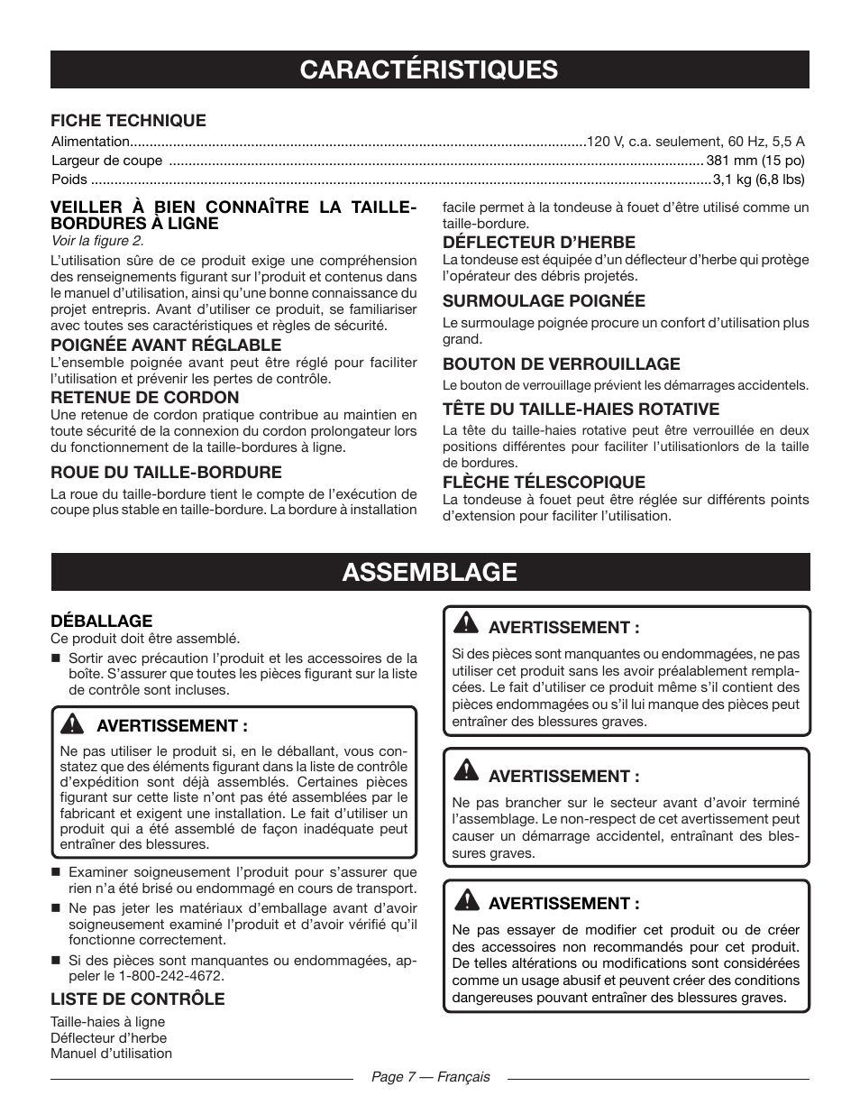 Assemblage caractéristiques | Ryobi RY41140 User Manual | Page 21 / 40