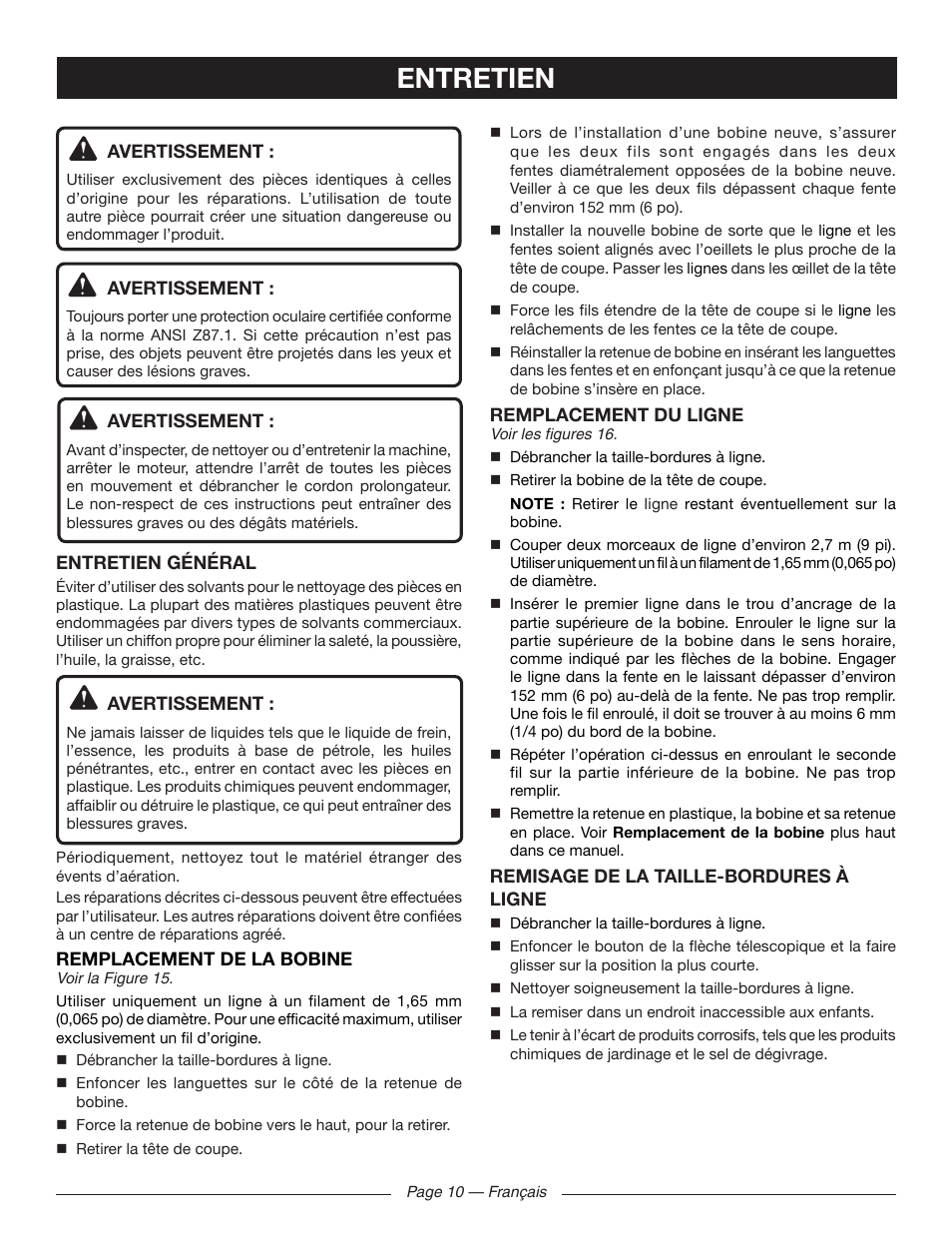 Entretien | Ryobi RY41140 User Manual | Page 24 / 40