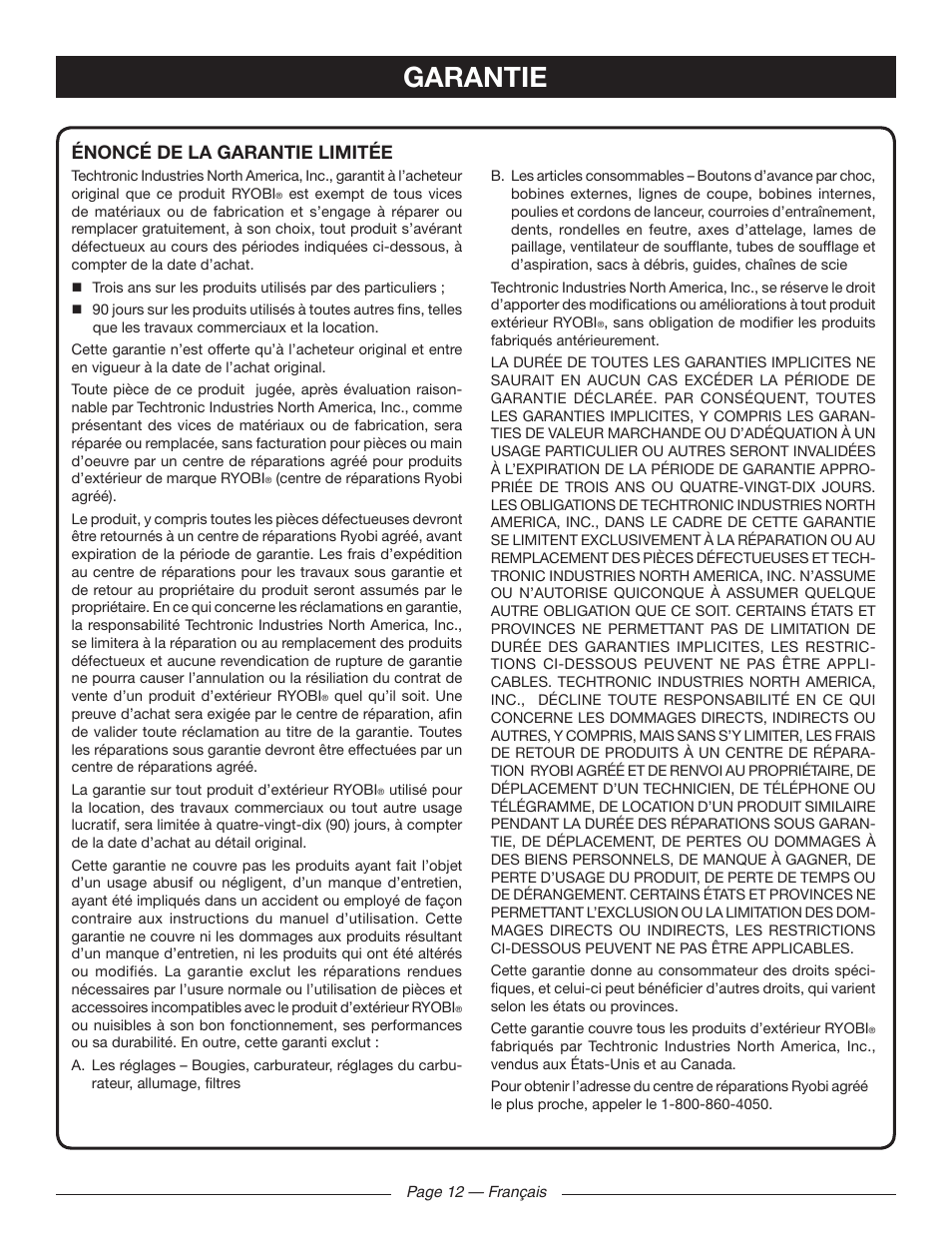 Garantie, Énoncé de la garantie limitée | Ryobi RY41140 User Manual | Page 26 / 40