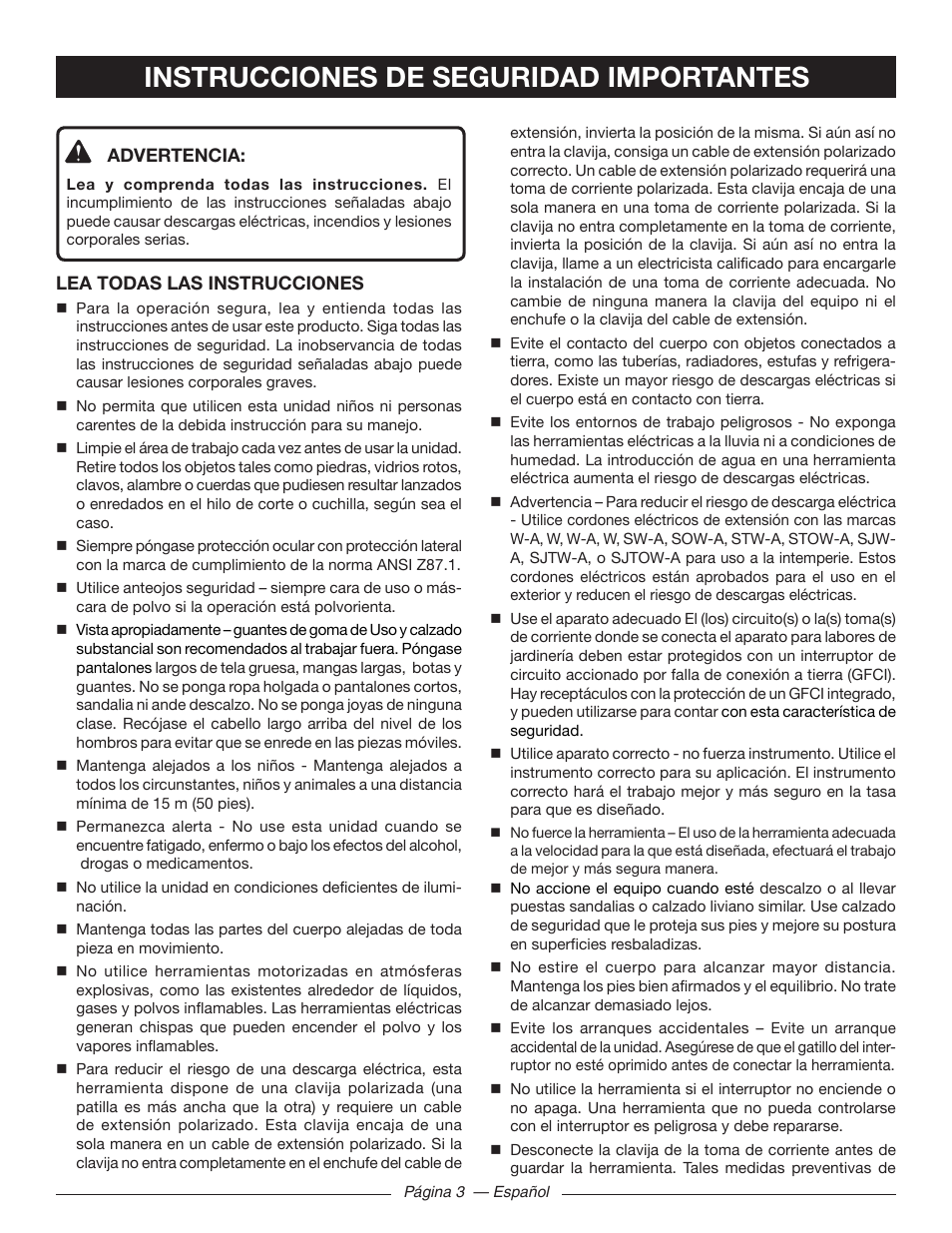 Instrucciones de seguridad importantes | Ryobi RY41140 User Manual | Page 27 / 40