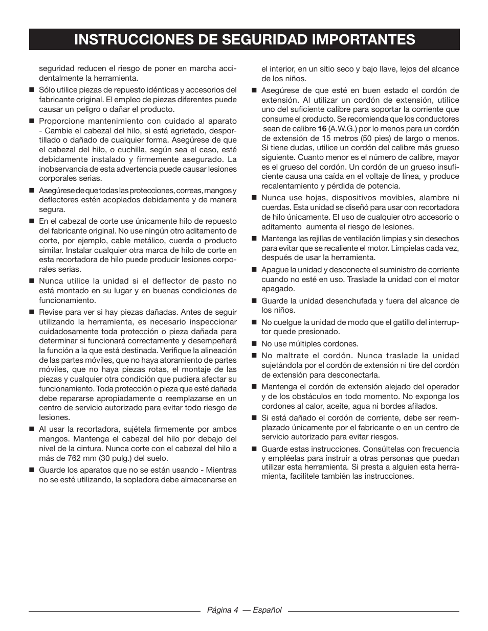 Instrucciones de seguridad importantes | Ryobi RY41140 User Manual | Page 28 / 40