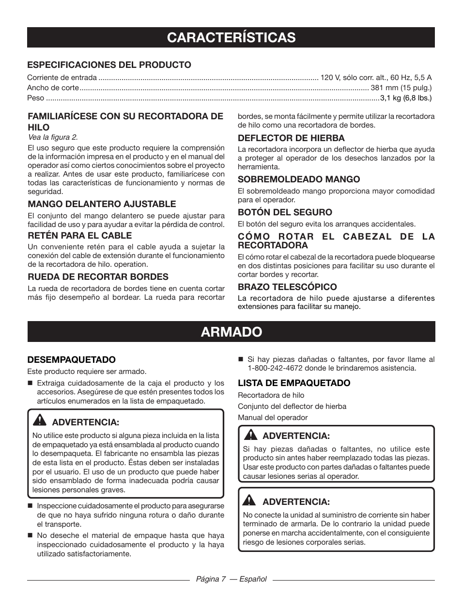 Armado características | Ryobi RY41140 User Manual | Page 31 / 40