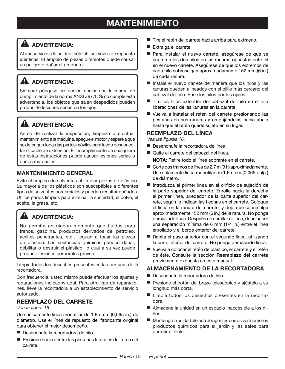 Mantenimiento | Ryobi RY41140 User Manual | Page 34 / 40