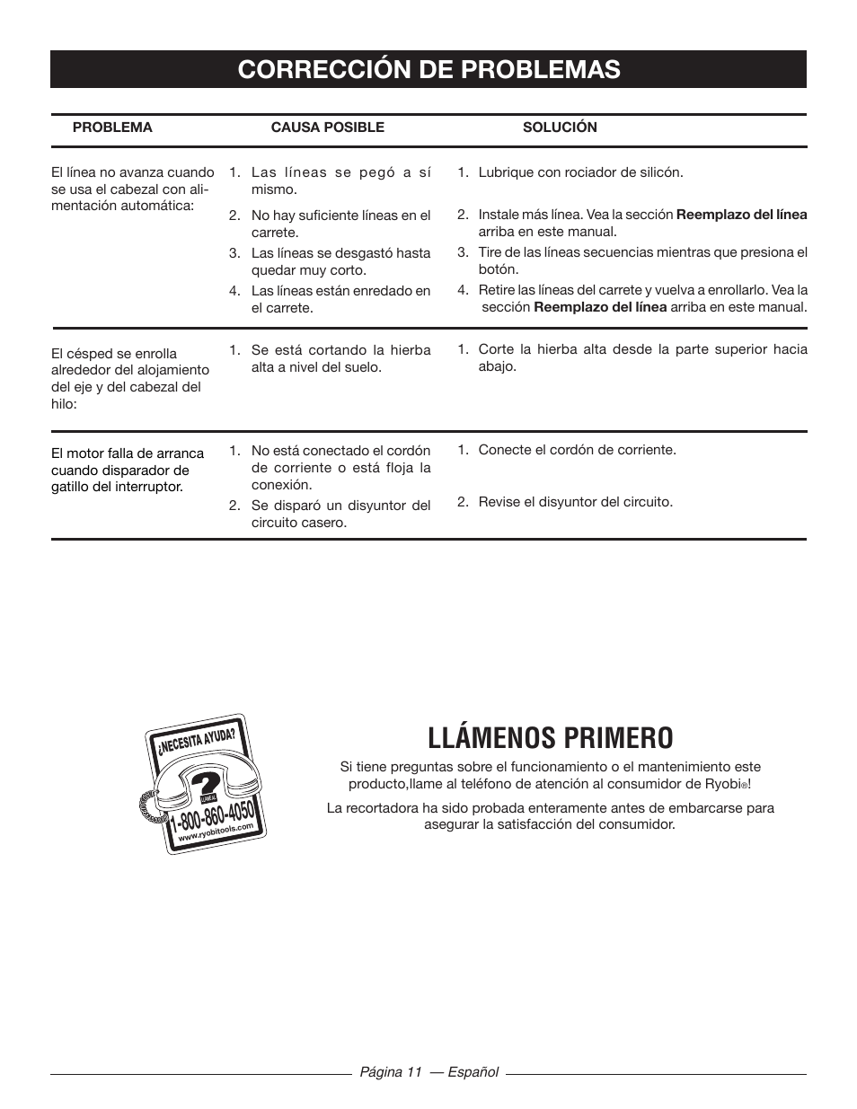 Llámenos primero, Corrección de problemas | Ryobi RY41140 User Manual | Page 35 / 40