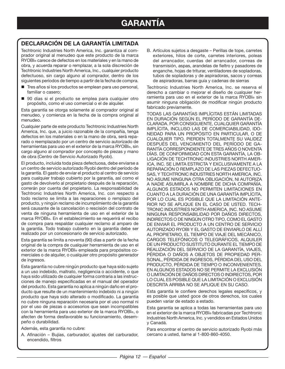 Garantía, Declaración de la garantía limitada | Ryobi RY41140 User Manual | Page 36 / 40