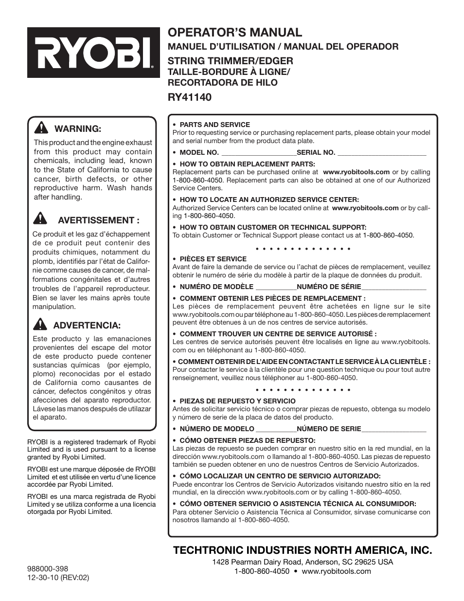 Operator’s manual, Techtronic industries north america, inc, String trimmer/edger | Ryobi RY41140 User Manual | Page 40 / 40