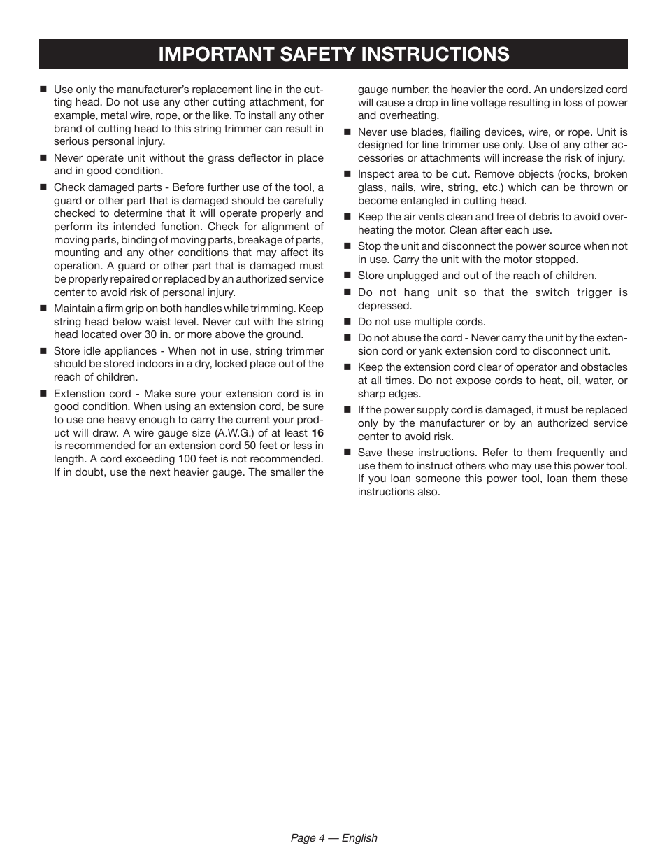 Important safety instructions | Ryobi RY41140 User Manual | Page 8 / 40