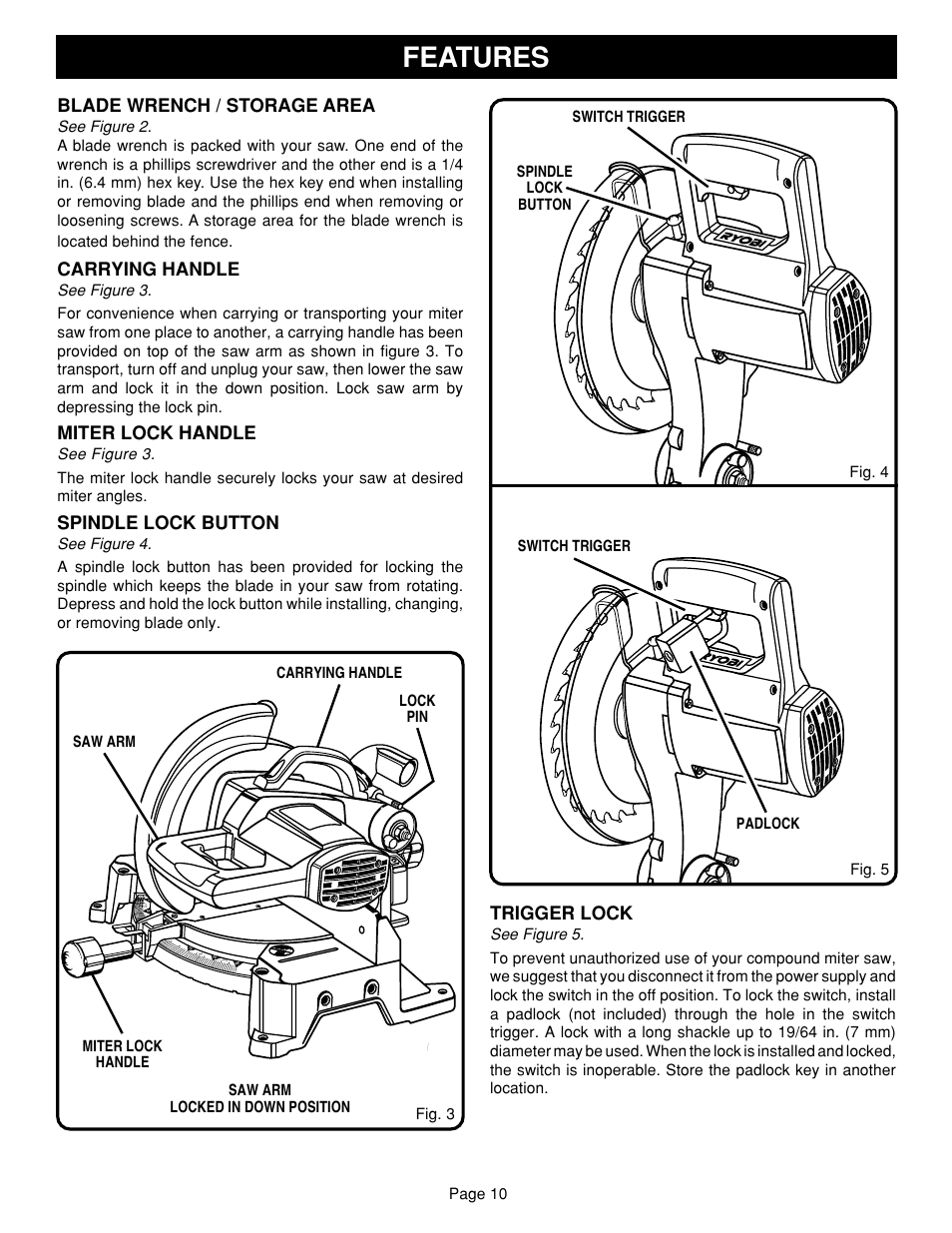 Features, Blade wrench / storage area, Carrying handle | Miter lock handle, Spindle lock button, Trigger lock | Ryobi TS1351 User Manual | Page 10 / 28