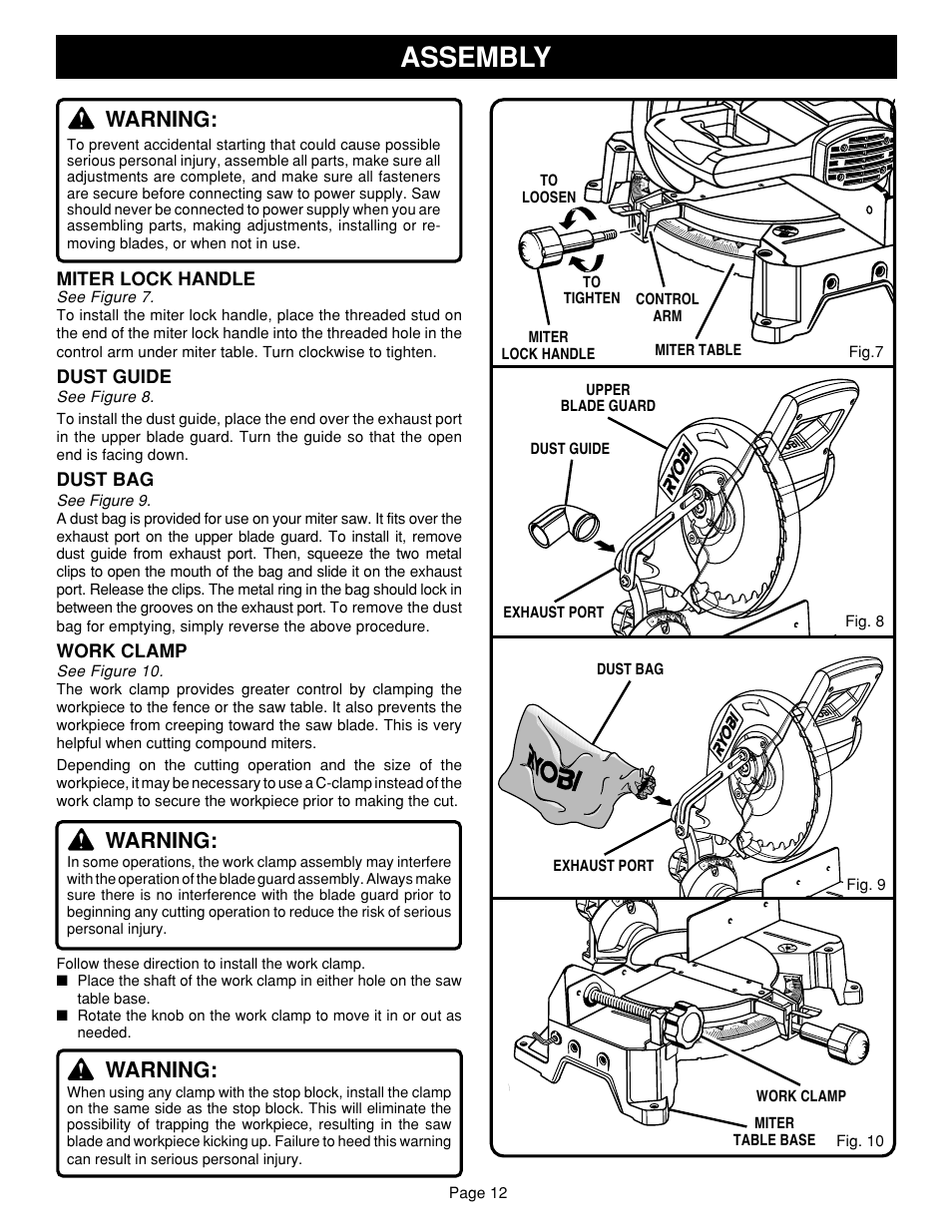 Assembly, Warning, Miter lock handle | Dust guide, Dust bag, Work clamp, Page 12 | Ryobi TS1351 User Manual | Page 12 / 28