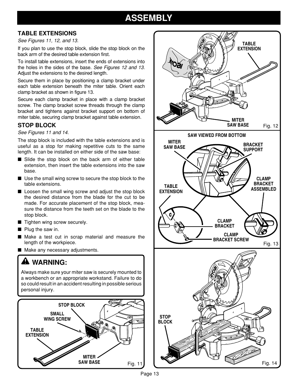 Assembly, Warning, Table extensions | Stop block | Ryobi TS1351 User Manual | Page 13 / 28