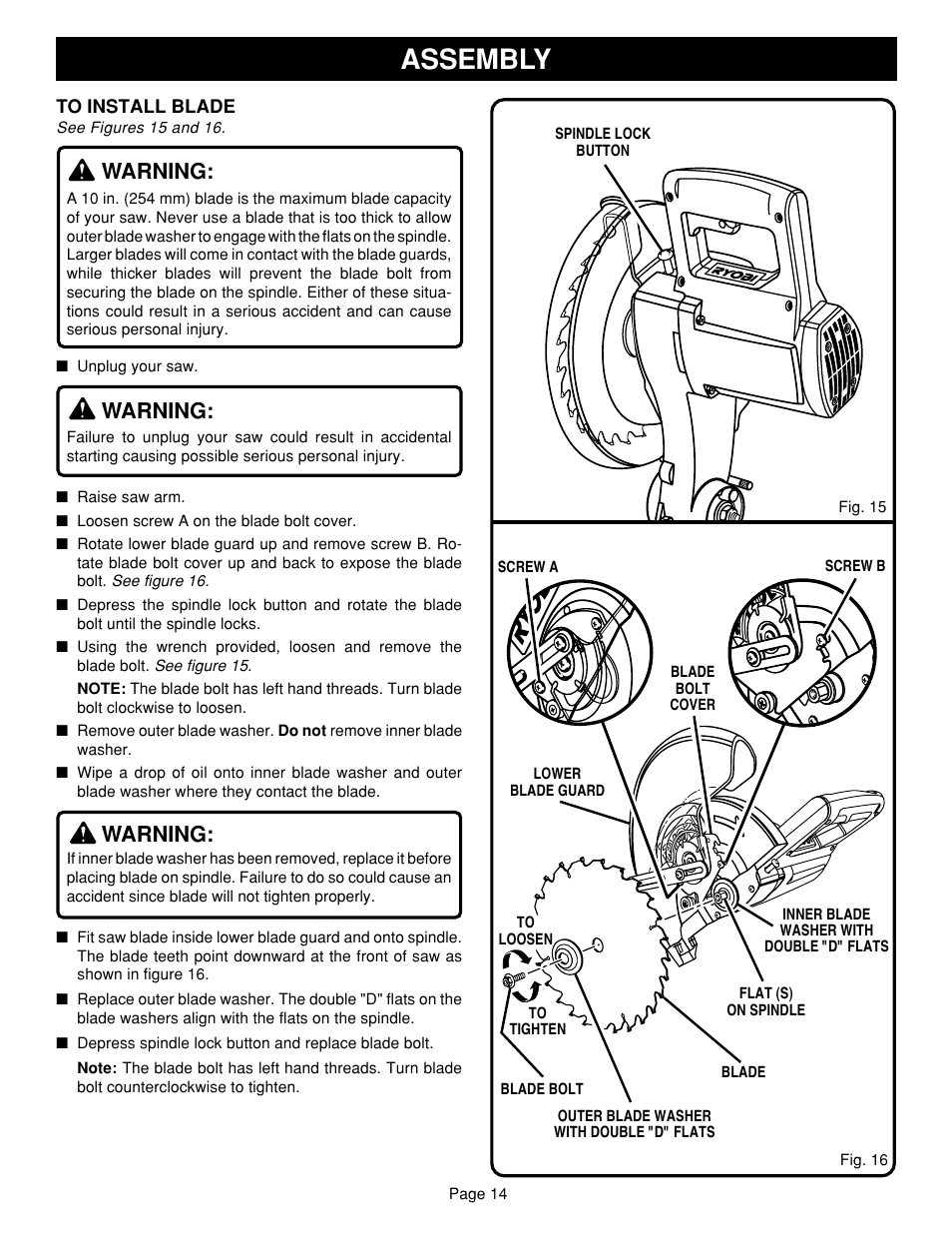 Assembly, Warning | Ryobi TS1351 User Manual | Page 14 / 28