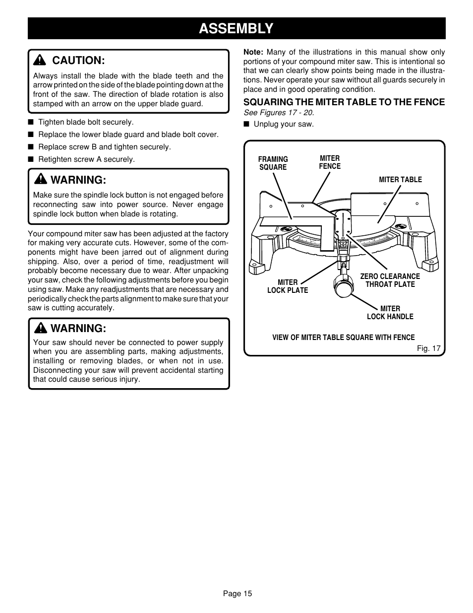 Assembly, Caution, Warning | Ryobi TS1351 User Manual | Page 15 / 28