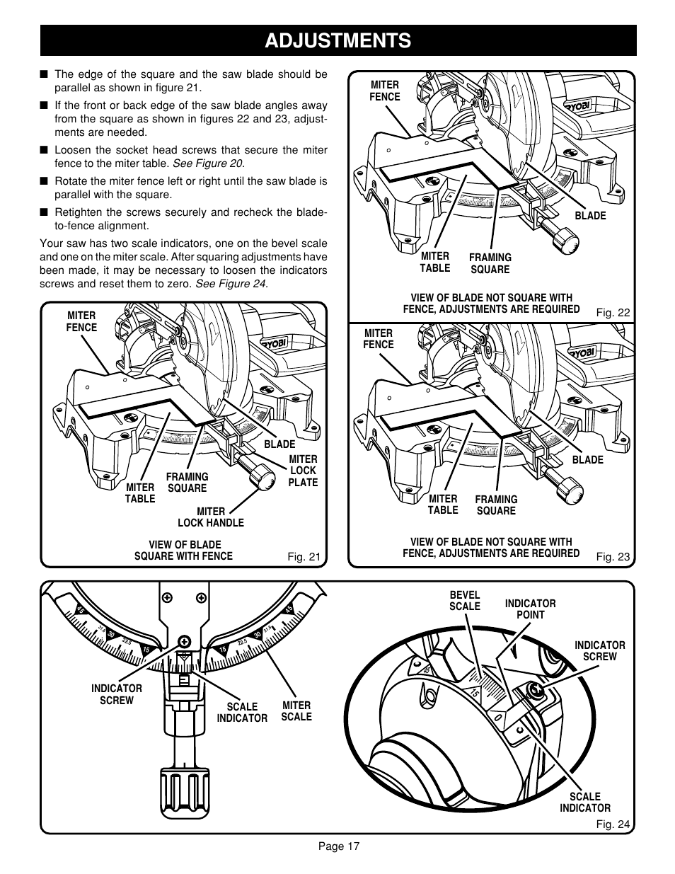 Adjustments, Page 17 | Ryobi TS1351 User Manual | Page 17 / 28