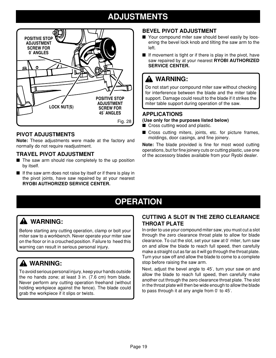 Adjustments, Operation, Warning | Ryobi TS1351 User Manual | Page 19 / 28