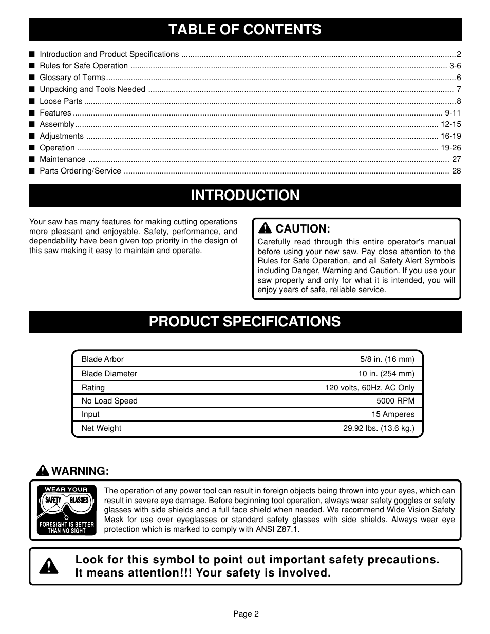 Table of contents product specifications, Introduction, Caution | Warning | Ryobi TS1351 User Manual | Page 2 / 28