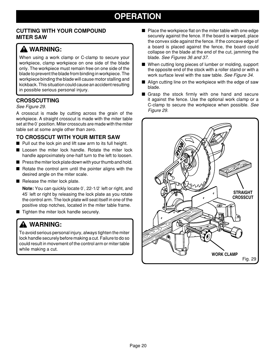 Operation, Warning, Cutting with your compound miter saw | Crosscutting | Ryobi TS1351 User Manual | Page 20 / 28