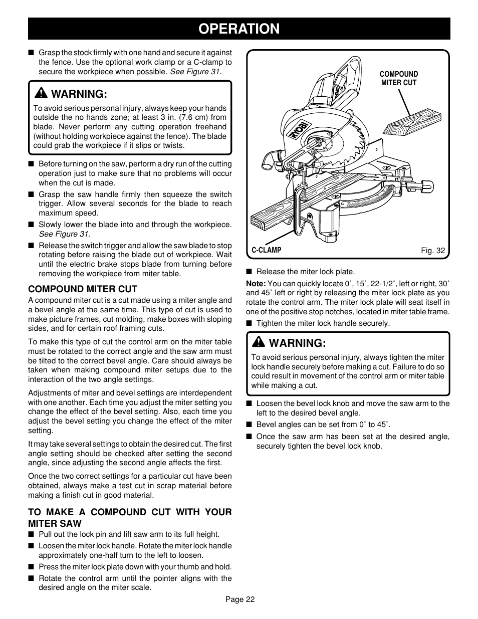 Operation, Warning, Compound miter cut | Ryobi TS1351 User Manual | Page 22 / 28