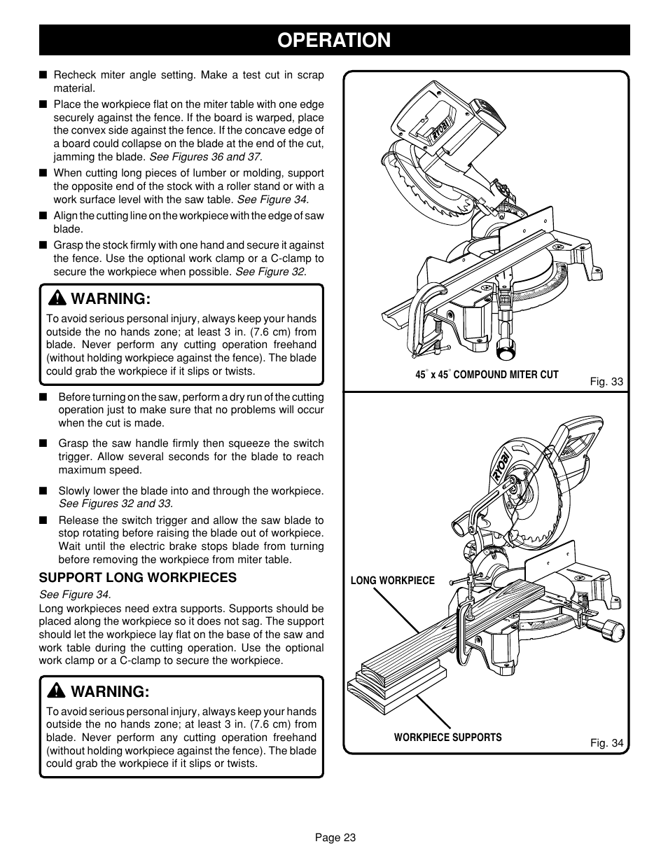 Operation, Warning, Support long workpieces | X 45 | Ryobi TS1351 User Manual | Page 23 / 28