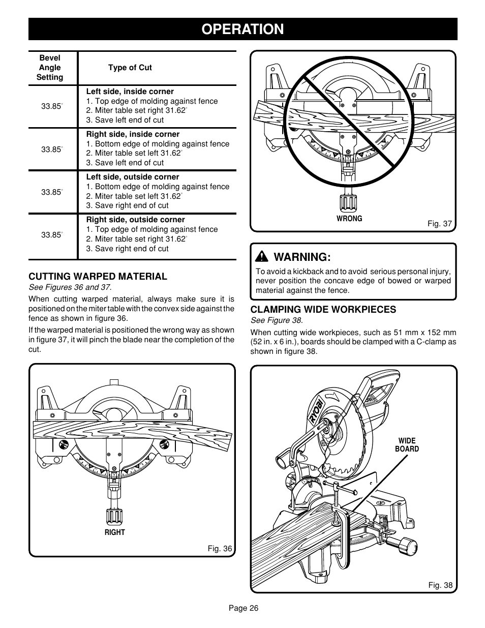 Operation, Warning, Clamping wide workpieces | Cutting warped material, Page 26, Wrong, Save right end of cut 33.85, Fig. 38, Fig. 37 | Ryobi TS1351 User Manual | Page 26 / 28