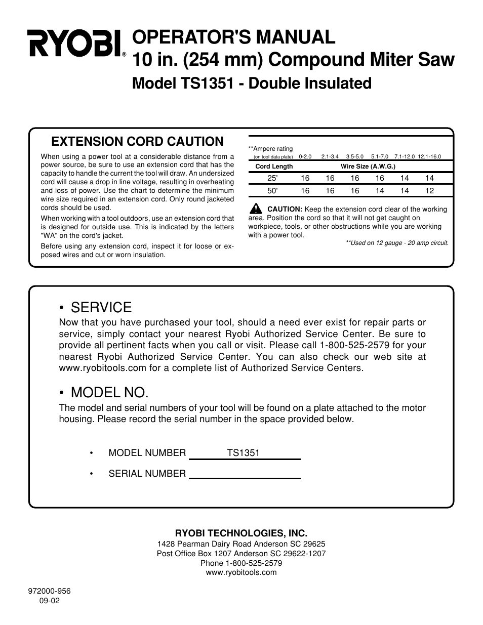 Model ts1351 - double insulated, Service, Model no | Extension cord caution | Ryobi TS1351 User Manual | Page 28 / 28