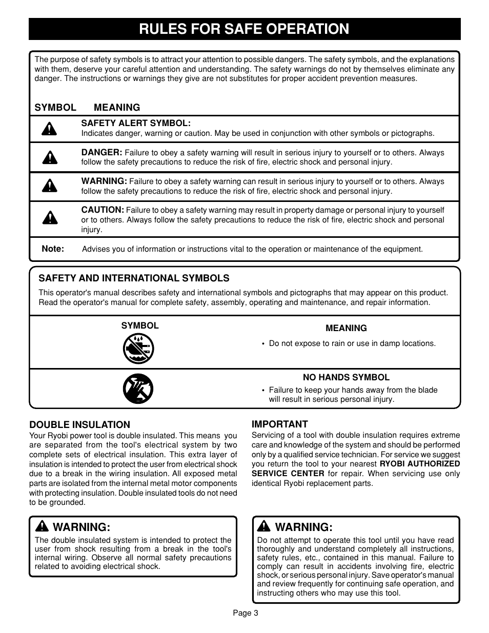 Rules for safe operation, Warning | Ryobi TS1351 User Manual | Page 3 / 28