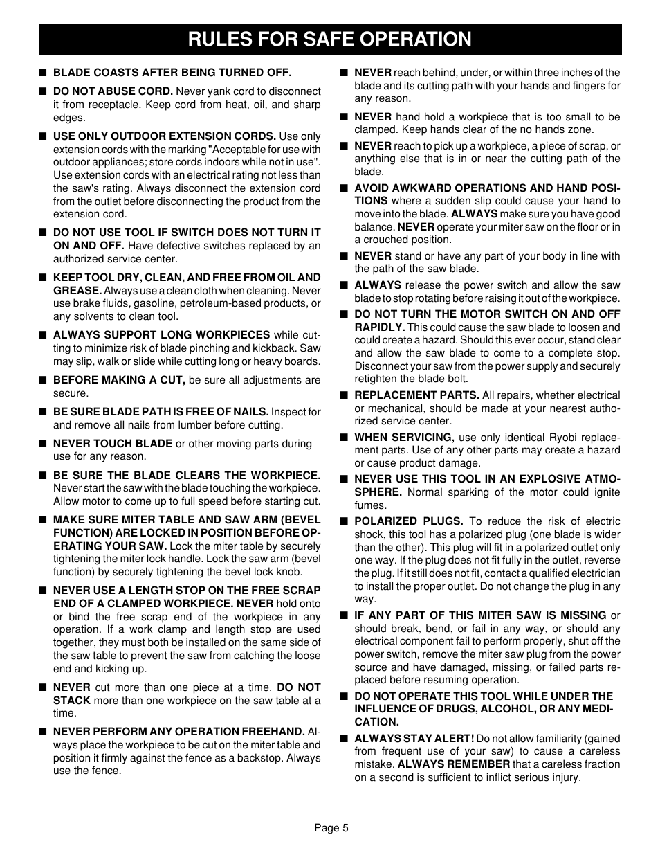 Rules for safe operation | Ryobi TS1351 User Manual | Page 5 / 28