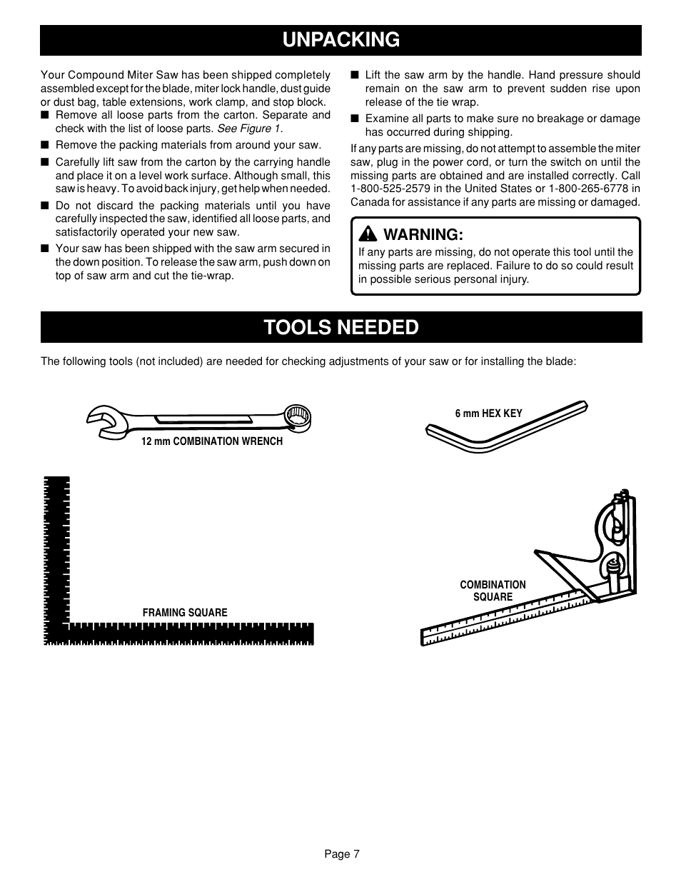 Unpacking, Tools needed, Warning | Ryobi TS1351 User Manual | Page 7 / 28