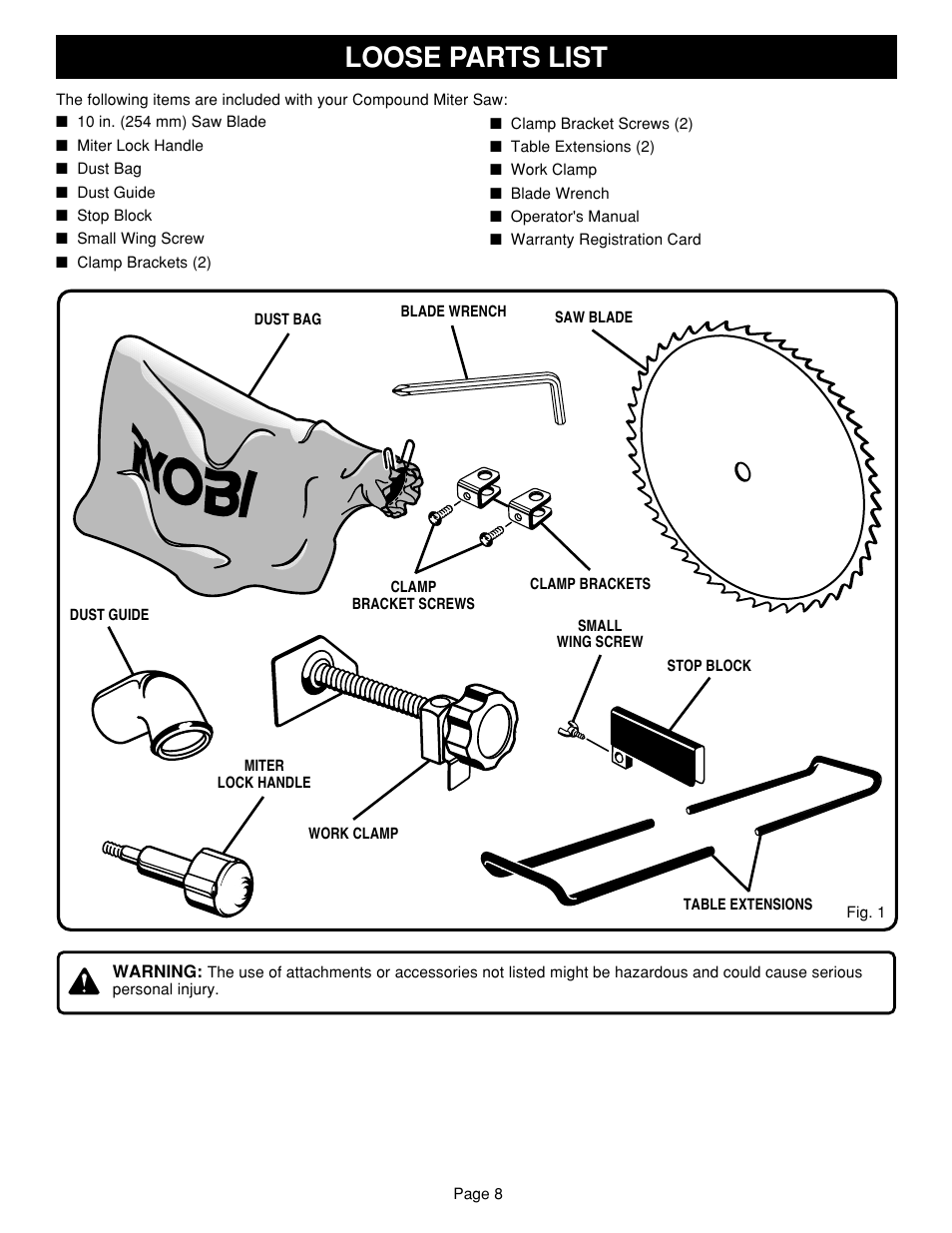 Loose parts list | Ryobi TS1351 User Manual | Page 8 / 28