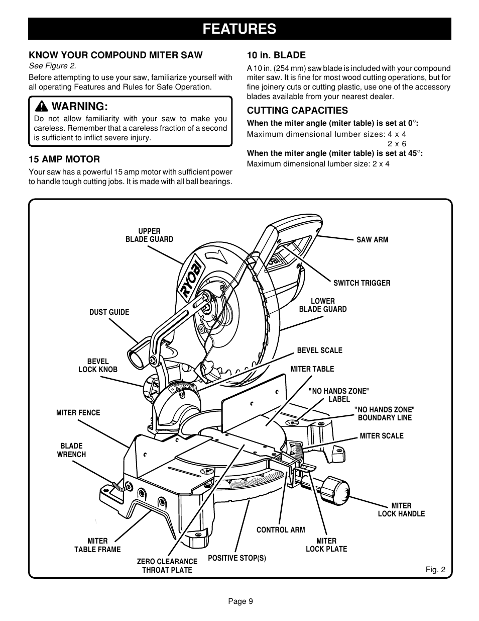 Features, Warning, Know your compound miter saw | 15 amp motor, 10 in. blade, Cutting capacities | Ryobi TS1351 User Manual | Page 9 / 28