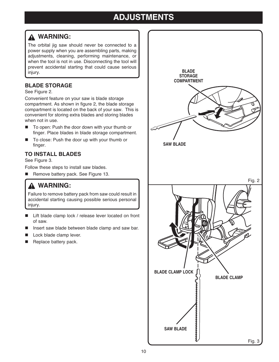 Adjustments, Warning | Ryobi OJ1802 User Manual | Page 10 / 18