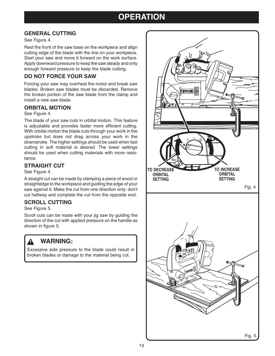 Operation, Warning | Ryobi OJ1802 User Manual | Page 13 / 18