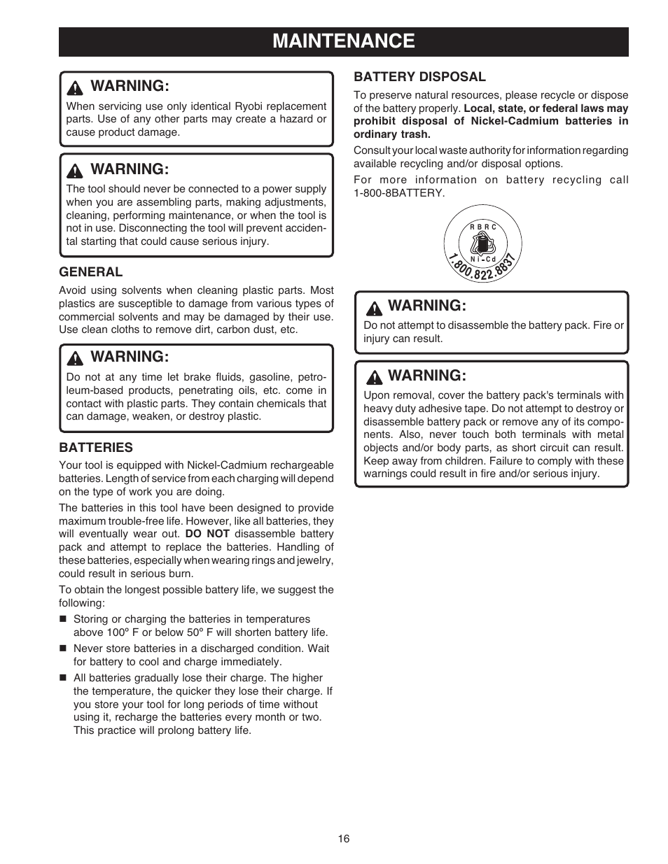 Maintenance, Warning | Ryobi OJ1802 User Manual | Page 16 / 18