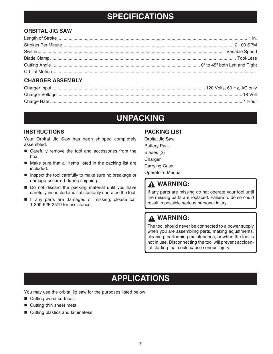 Specifications unpacking, Applications, Warning | Ryobi OJ1802 User Manual | Page 7 / 18