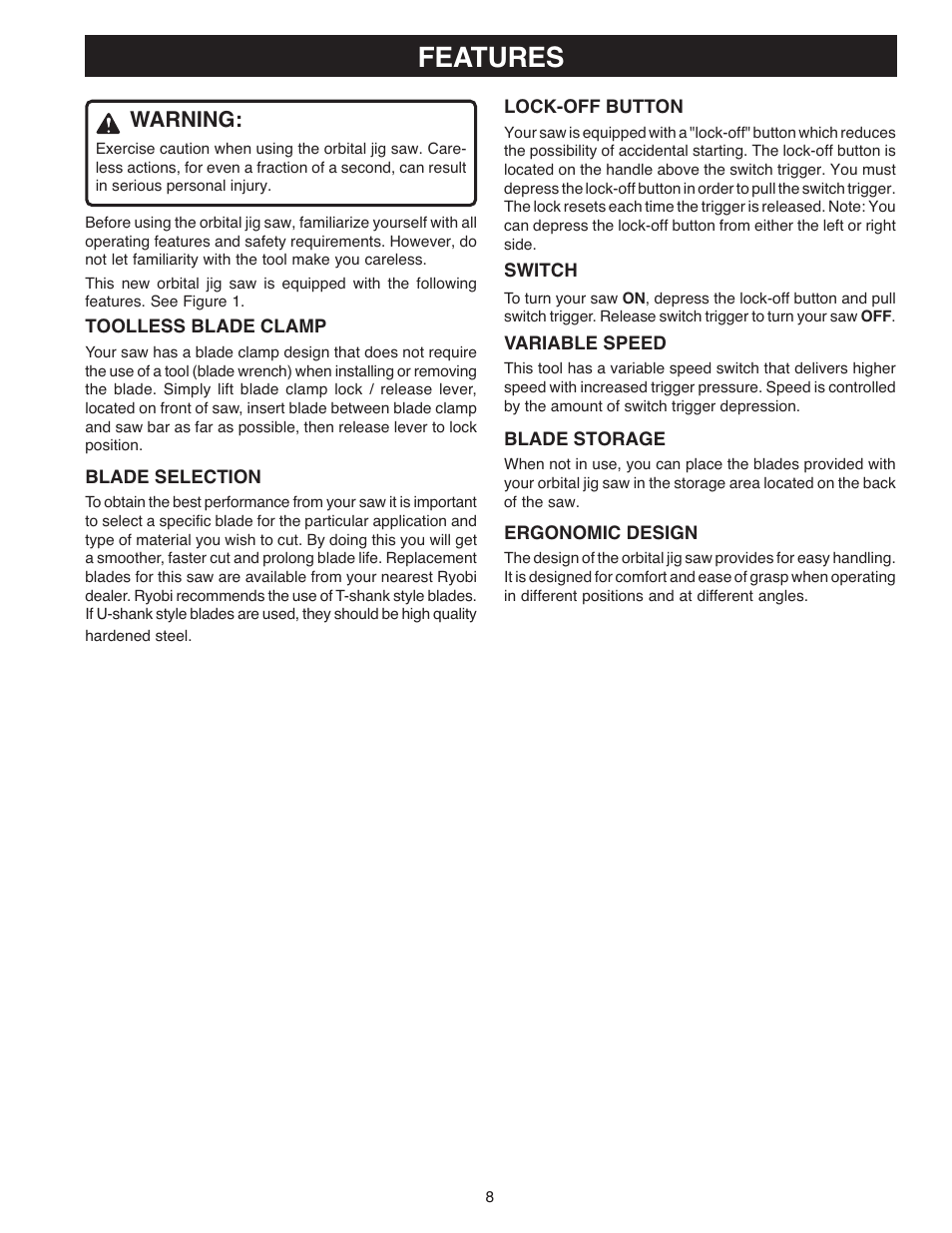 Features, Warning | Ryobi OJ1802 User Manual | Page 8 / 18