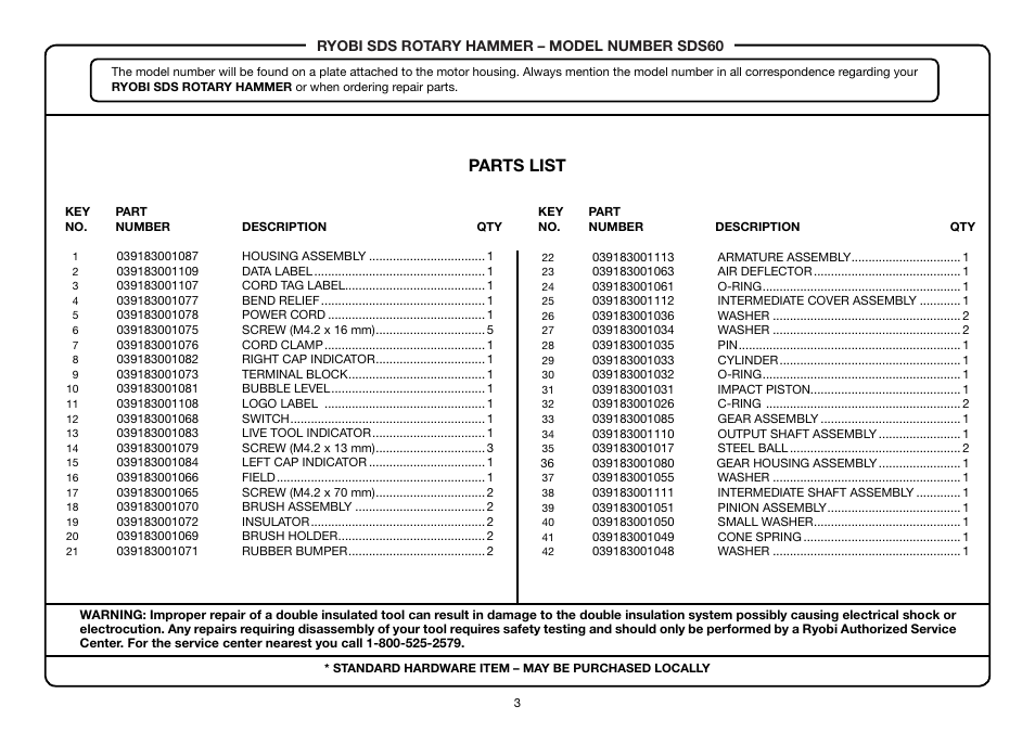 Parts list | Ryobi SDS60 User Manual | Page 3 / 5