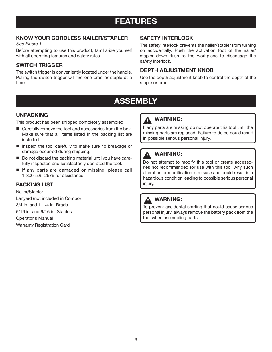 Features, Assembly | Ryobi P300 User Manual | Page 9 / 16