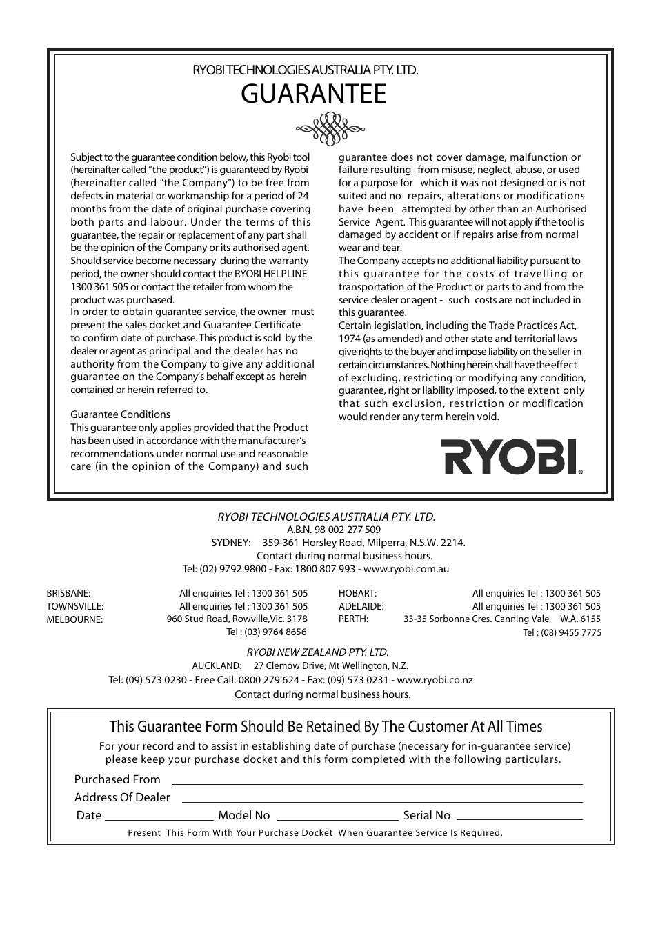 Guarantee | Ryobi ESR2400A User Manual | Page 9 / 9