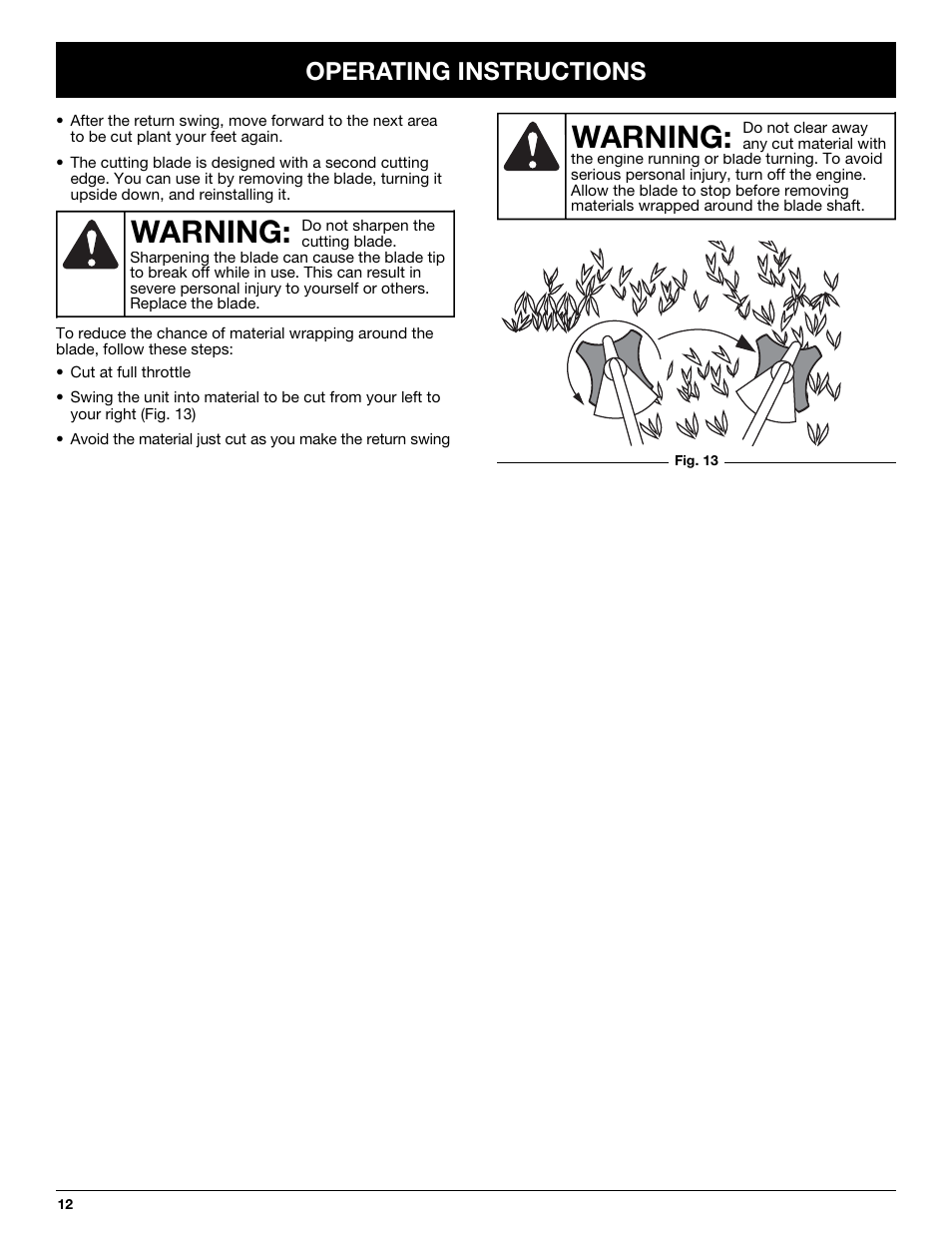 Warning, Operating instructions | Ryobi TBBC User Manual | Page 12 / 48