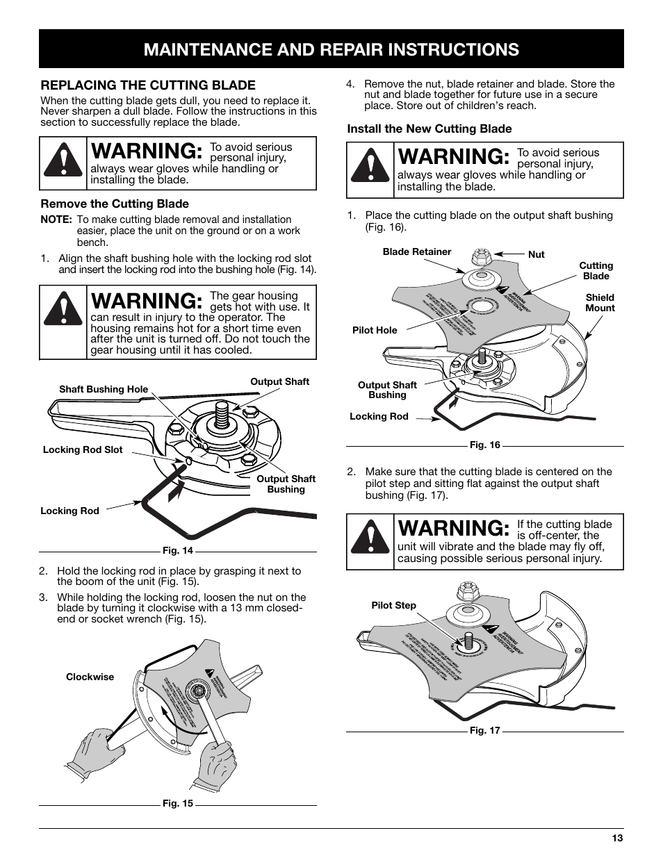 Warning, Maintenance and repair instructions | Ryobi TBBC User Manual | Page 13 / 48