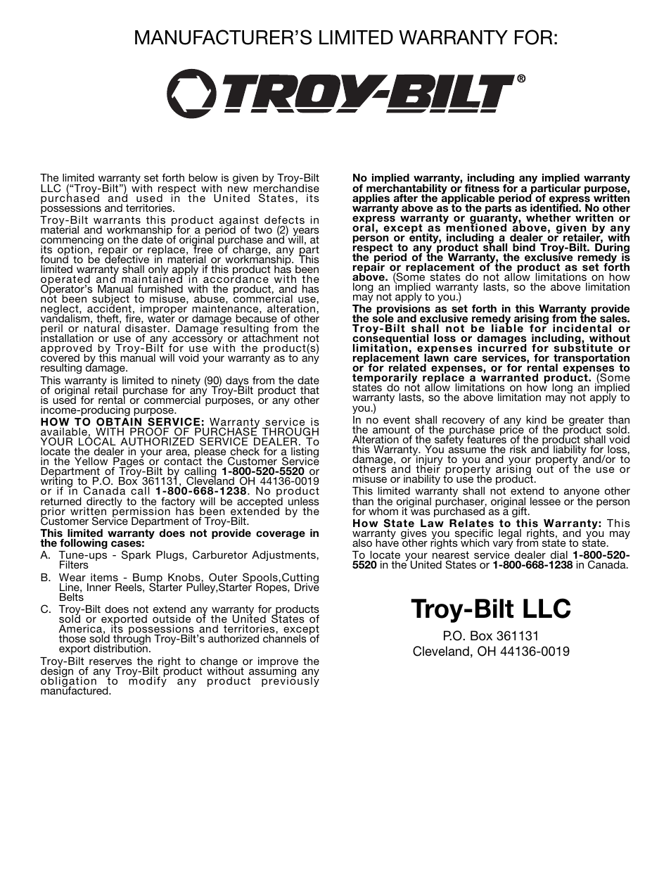 Troy-bilt llc, Manufacturer’s limited warranty for | Ryobi TBBC User Manual | Page 16 / 48