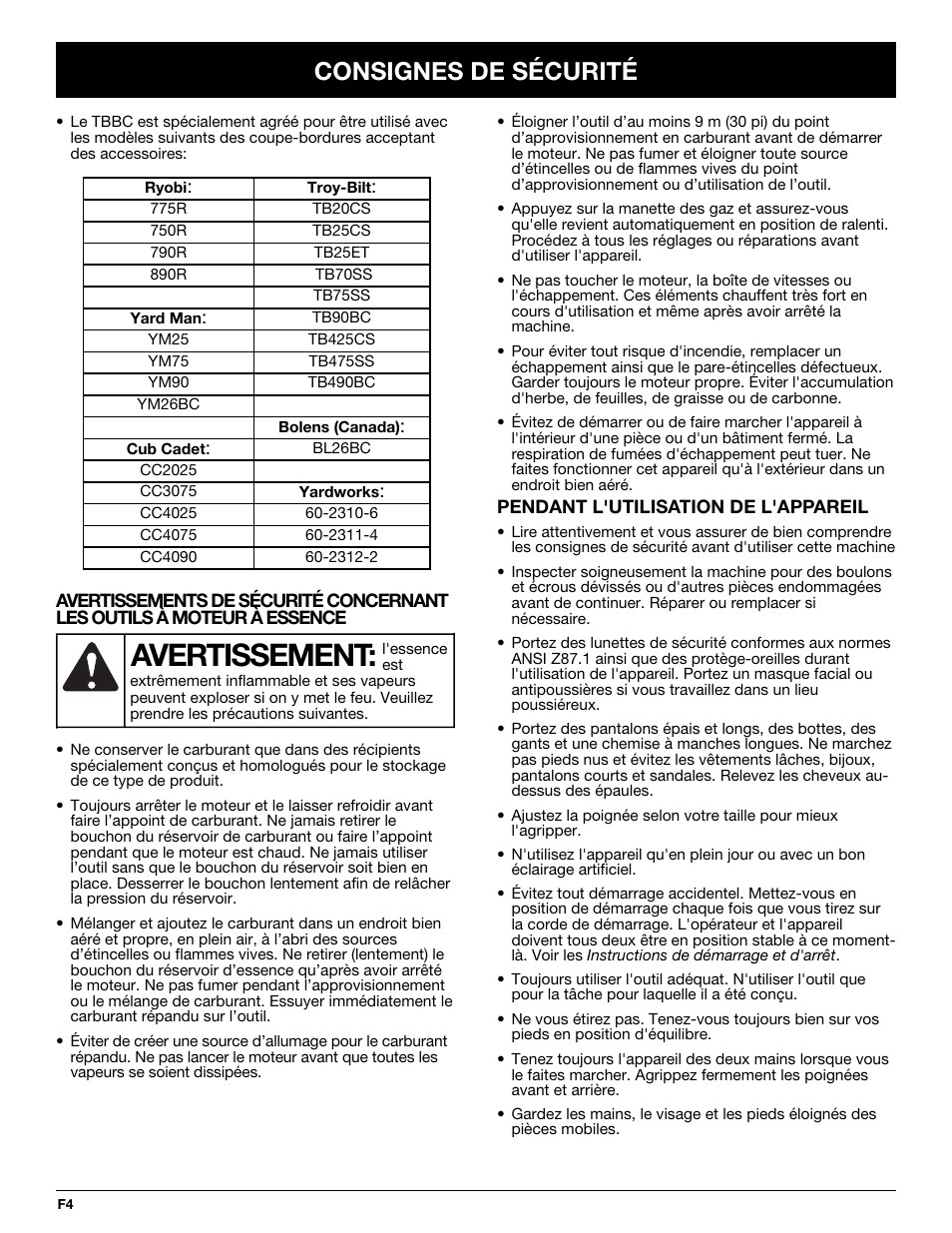 Avertissement, Consignes de sécurité | Ryobi TBBC User Manual | Page 20 / 48