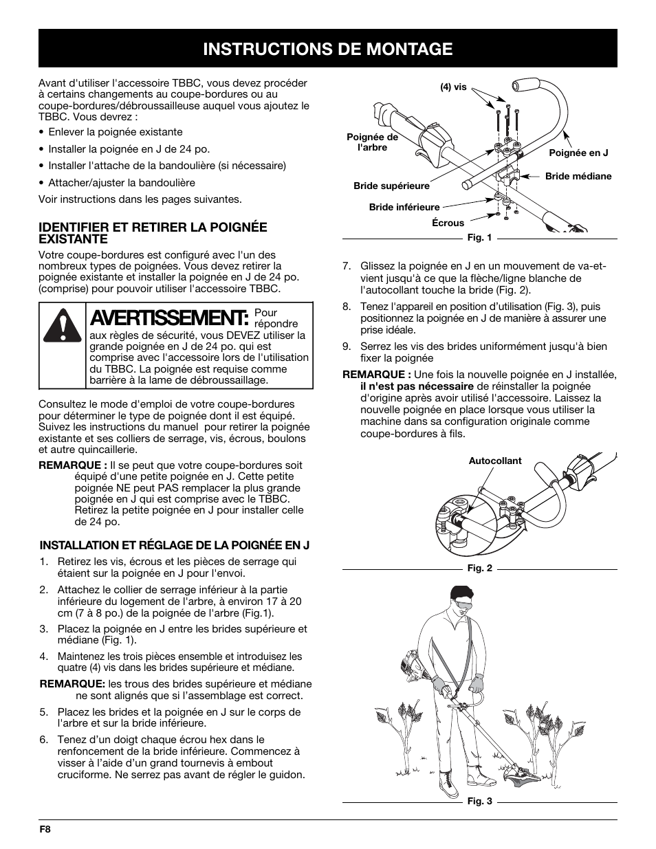 Avertissement, Instructions de montage | Ryobi TBBC User Manual | Page 24 / 48