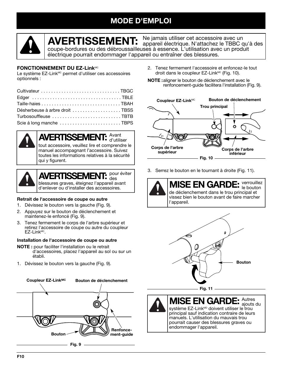 Mise en garde, Avertissement, Mode d'emploi | Ryobi TBBC User Manual | Page 26 / 48