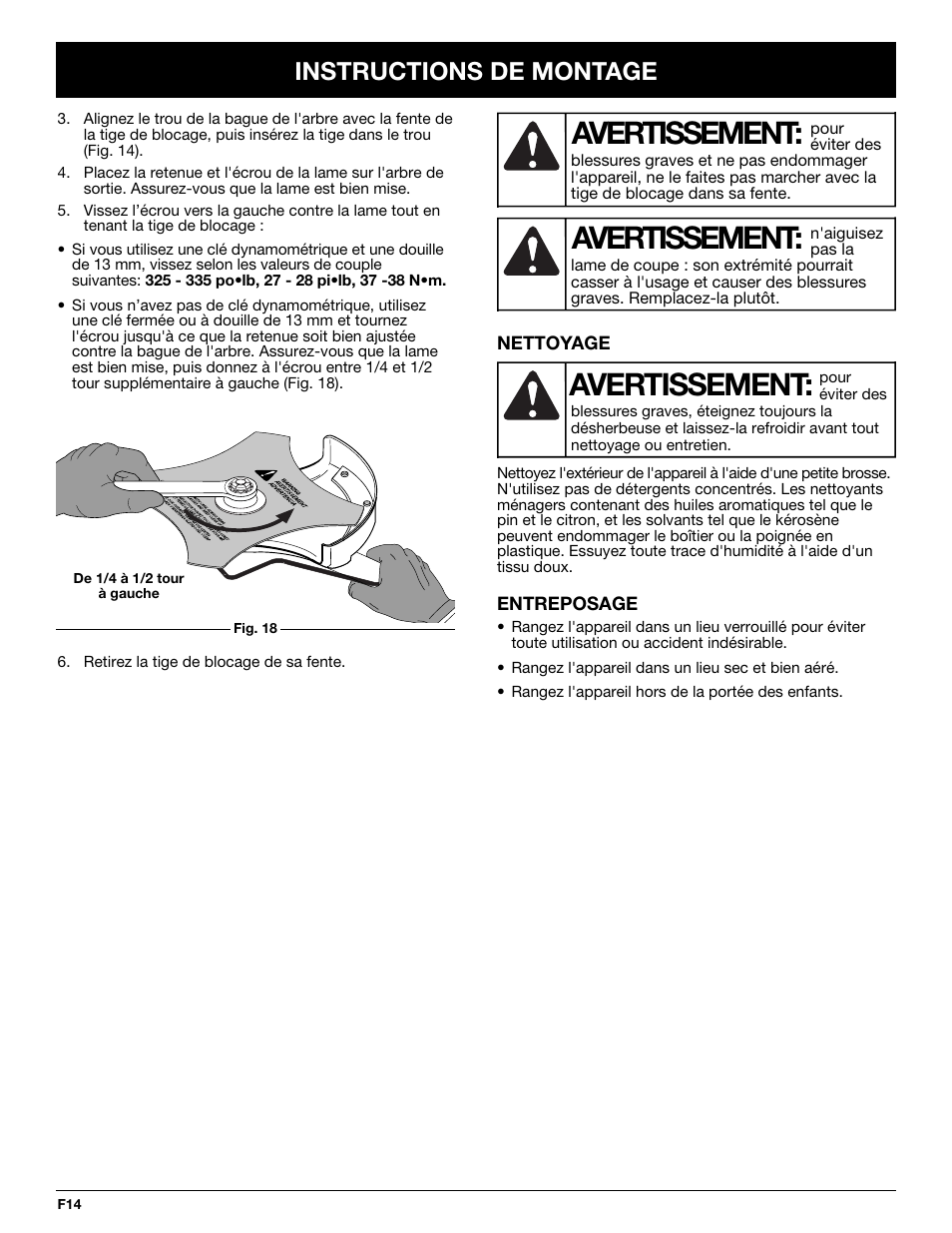 Avertissement, Instructions de montage | Ryobi TBBC User Manual | Page 30 / 48